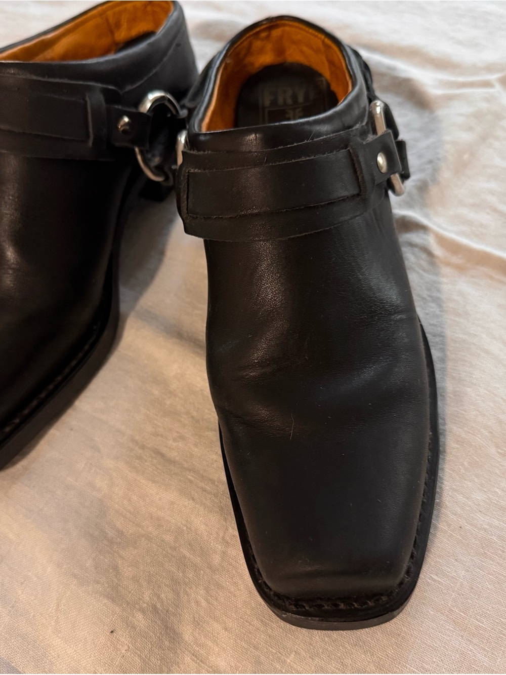 VINTAGE Frye Black Leather Women's Slip-On Mules with Silver Buckles and Harness